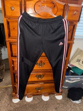 adidas Black Joggers with Pink Stripes - Kids